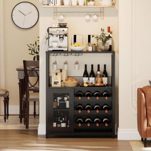 LUNSY - Meuble de Bar &agrave; Vin - Buffet Industriel - Porte-Bouteilles et Porte-Verres - LED - Porte Grillag&eacute;e - 69x35x92 cm - Noir