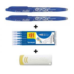 Lot de 2 stylos FriXion Ball pointe moyenne 0.7mm bleu Pilot + 6 recharges + gomme