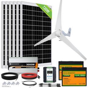 1120W 24V kit solaire eolien système hybride:400W éolienne+6x120W panneau solaires mono+3000W 24V onduleur+2x100AH Lifepo4
