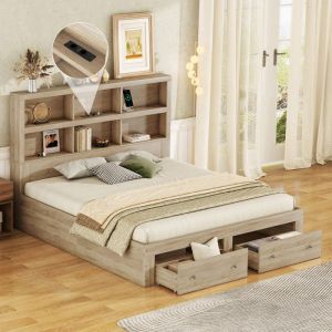 Lit adulte - MODERNLUXE - 160x200cm - Bois massif - Tiroirs de rangement - Tête de lit avec USB