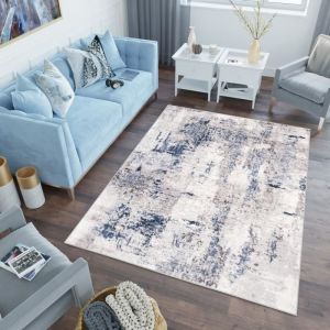 TAPISO Tapis Salon Poils Ras Sky Gris Crème Bleu Vintage Polyester Intérieur 300x400 cm