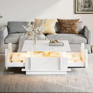 Table Basse Carr&eacute;e Moderne avec LED - 70x70x35 cm - Blanc Haute Brillance S&eacute;parations Acrylique et 2 Tiroirs pour Petit Salon