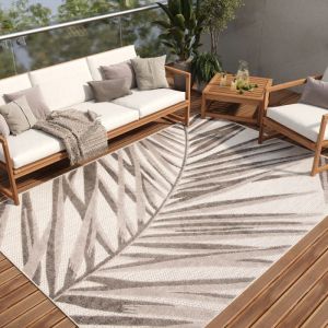 TAPISO Patio Tapis de Chambre Terrasse Cuisine Intérieur Extérieur Moderne Gris Marron Feuilles Résistant Sisal 200x300 cm