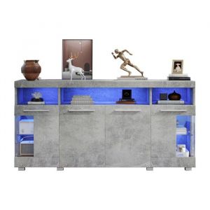 Buffet-Bahut Table dAppoint 140x40x70cm- Ciment Gris Laqu&eacute; et Verre Tremp&eacute;-3 Compartiments &Eacute;clairage LED- Meuble Moderne- Rangement
