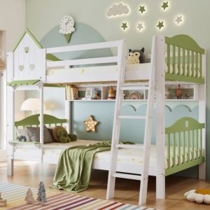 Lit superposé 90x200 cm Lit simple enfant avec protection contre les chutes et barreaux Avec toit et fenêtre Pin+MDF