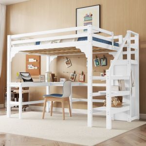 Lit Mezzanine 140x200 cm - Lit Combiné avec Bureau et Armoire ouverte Lit Junior en Bois Sans Matelas - Blanc
