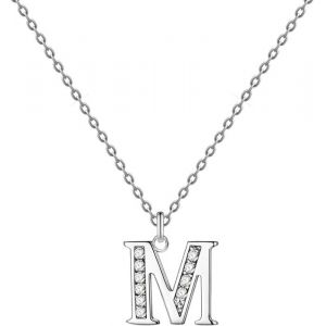 Collier lettre initial en acier inoxydable avec pierre de zircone brillante Collier pour femme avec pendentif lettre M-argenté