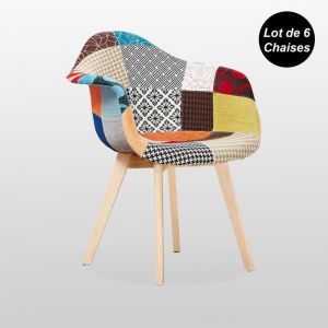 Lot de 6 Chaises en Tissu Patchwork - Design Scandinave - Accoudoirs - Salle &agrave; Manger Salon Bureau - Style R&eacute;tro