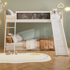 Lit superpos&eacute; enfant 90x200 cm-Avec toboggan modulable & escalier rambarde 4 c&ocirc;t&eacute;stableau int&eacute;gr&eacute;-2 places-bois blanc-HAUSS SPOLE