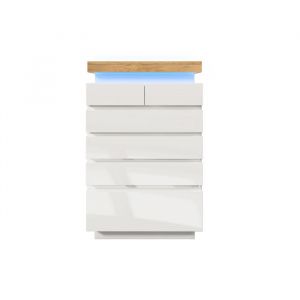 Commode 6 Tiroirs Casiers 115x39x73cm Blanc Laqué LED App Contrôle Style Moderne Sideboard Rangement Salon Chambre