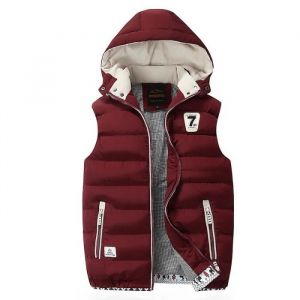 Doudoune HommeDoudoune Sans Manche Col Montant avec ZippéVeste En Duvet à Capuchon Chaud En Automne Et En Hiver-Rouge