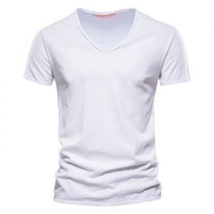T-shirt d&eacute;t&eacute; en coton de bambou &agrave; manches courtes pour hommes - FUNMOON - Couleur unie - Col en V