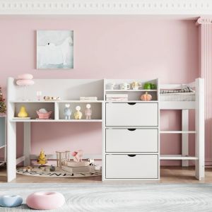 O.Ye Lit mi-hauteur 90x200 cm lit mezzanine avec tiroirs et &eacute;tag&egrave;res lit enfants avec Sommier &agrave; lattes et &eacute;chelle  LIT MEZZANINE