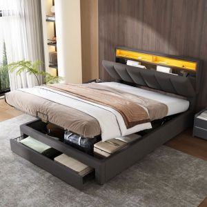 Lit capitonné Lit adulte 140x190 cm avec éclairage LED lit coffre avec hydraulique et tiroirs et tête de lit rangement - gris