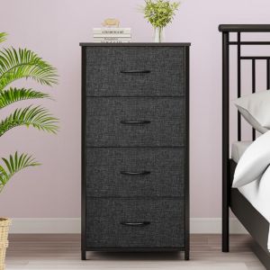 YITAHOME Commode 4 Tiroirs en Tissu Commode Chambre Meuble de Rangement Cadre en M&eacute;tal Chambre SalonGris Noir