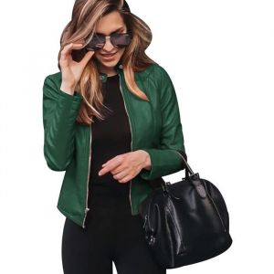 Veste Simili Cuir Femme Blouson Simili Cuir Faux Leather Jacket Femme Veste Biker Blouson Motard Femme Veste Cintrée Imitation Vert