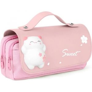 Trousse Scolaire avec Poign&eacute;e Sac &agrave; Crayons Portable pour filles sac &agrave; crayons Double couche pochette d&eacute;cole papeterie(Rose)