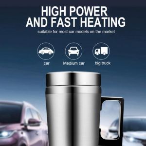 24 V Tasse chauffante &eacute;lectrique - dacier inoxydable - bonne &eacute;tanch&eacute;it&eacute; - Tasse chauffante pour voyage/th&eacute; de caf&eacute; deau chaude