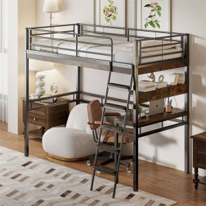 DRIPEX Lit Mezzanine en fer 90×200cm avec échelleLit surélevé avec bureau et étagères de rangementNoir