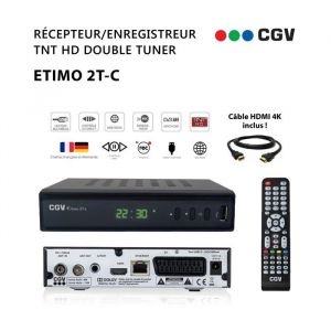 R&eacute;cepteur Enregistreur D&eacute;codeur TNT HD Double Tuner CGV Etimo 2T-c + C&acirc;ble HDMI 4K - Cha&icirc;nes de la TNT Fran&ccedil;aise &amp  Allemande