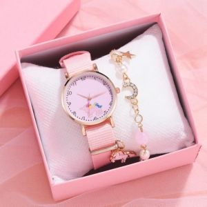 Coffret montre enfant fille + bracelet – licorne mode sangle tressée rose diamant cadeau