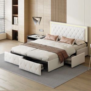 Lit Coffre 160x200 cm Tête de Lit avec LED Tissu en PU Cuir 4 Tiroirs de Rangement Lit Adulte avec Sommier à Lattes Blanc