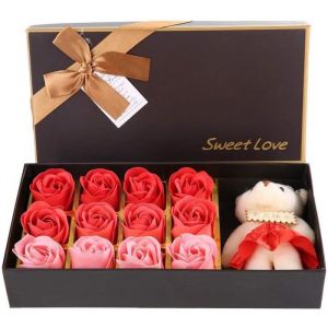 12 Rose Fleur Savon Fleur Roses Artificielles Coffrets Cadeaux Pour Femmes De Savon Ours Saint-Valentin Avec Bo&icirc;te Cadeau