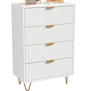 Commode 4 tiroirs blanche poign&eacute;es et pieds dor&eacute;s &mdash; 60&times;34&times;91 cm MDF design contemporain