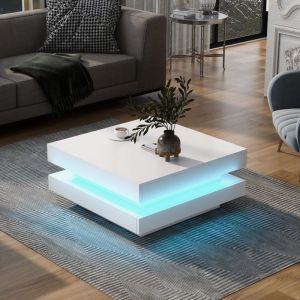 Table basse blanche brillante 70x70x36 cm Table basse carrée moderne avec Lumière LED colorée pour salon chambre bureau