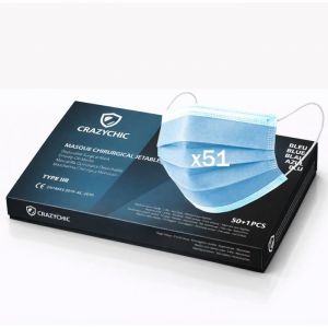 CRAZYCHIC - x51 Masque Chirurgical M&eacute;dical Bleu Type IIR - Certifi&eacute; CE Norme EN14683 - Masque 3 Plis Protection Respiratoire EFB>99%