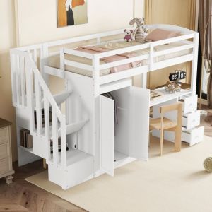 lit mezzanine 1 place avec bureau lit surélevé enfant en bois massif  tiroirs et armoire avec sommier à lattes blanc