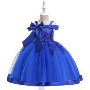 Robe Demoiselle Enfant Fille Loose P&eacute;tales Noeud Papillon au Dos Fleur Robe C&eacute;r&eacute;monie 5-14 Ans - Bleu
