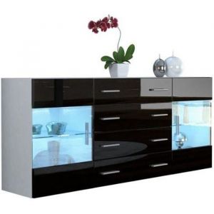 Buffet design blanc mat et noir laqué avec led bleu