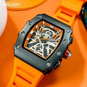Montre homme MEGIR à quartz bracelet en silicone orange sport tendance date cadran lumineux chronographe