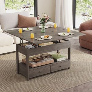 Table Basse HavenlyHome Table de Salon avec Plateau Relevable Pliant 2 Tiroirs Compartiment Caché 50 x 100 x 52 à 68 cm Gris