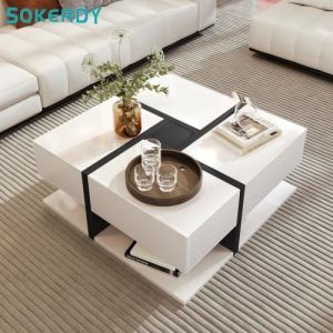 SOKERDY Table Basse Coffre avec Éclairage LED et 4 Tiroirs Double Rangement Couleurs et Lignes Uniques 78*78*36 cm Blanc