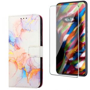 Verre trempé+Housse pour Samsung Galaxy A05SEtui en Cuir Portefeuille PU Etui à Rabat Magnétique FlipCarte SlotMarbre blanc