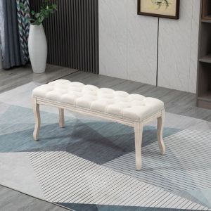 Banc Banquette capitonn&eacute;e Style Classique 110 cm Bout de lit Rembourr&eacute;e en lin pi&egrave;tement Bois h&eacute;v&eacute;a sculpt&eacute; Lin Beige