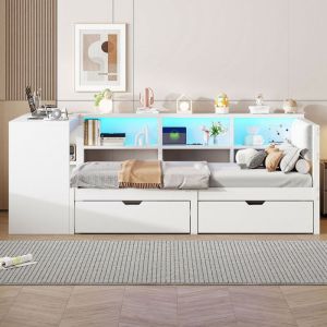 Lit combiné enfant 90x200cm - avec 2 tiroirs et station de charge - avec lumières LED colorées - blanc
