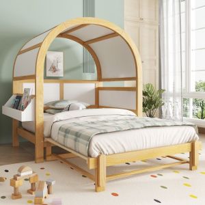 Lit enfant 140 x 200 cm lit &agrave; baldaquin extensible lit gigogne avec petite &eacute;tag&egrave;re de rangement lat&eacute;rale finition bois naturel