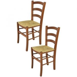 Tommychairs - Set 2 chaises cuisine VENICE robuste structure en bois de hêtre peindré en couleur noyer clair et assise en paille