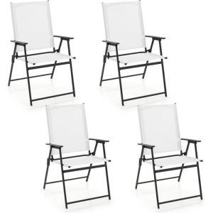 GOPLUS 4 Chaises de Jardin en Textilène avec Cadre MétalliqueChaise Pliante avec Dossier Haut-AccoudoirsChaise de CampingBlanc