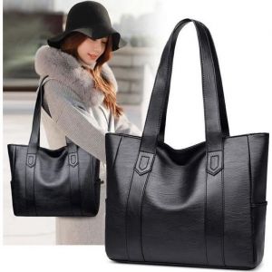 Activité-Sac Cabas Femmes Lycéenne avec Anses Longues en Cuir Sac Cours de Grande Capacité et Volume 35cm*11cm*28cm Noir