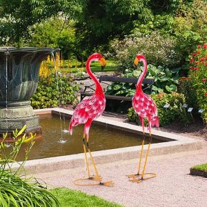 GIANTEX Lot de 2 Statues 89 CM de Flamant Rose de Jardin en M&eacute;tal D&eacute;coration Ext&eacute;rieure Sculpture d&rsquo;Oiseau Rose de Jardin