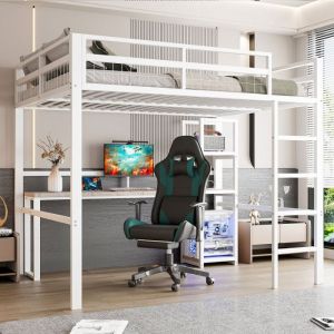 Lit mezzanine 140x200 cm avec bureau avec prise secteur - lit enfant avec USB Type-C  escabeau &eacute;tag&egrave;res multiple - m&eacute;tal - blanc