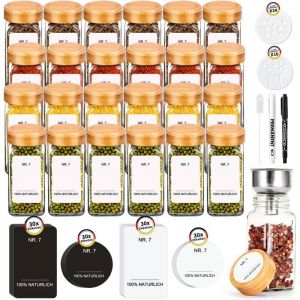 24 Pi&egrave;ce Pot &agrave; Epices Verre Couvercle en Bambou 120ml Boite Epices Cuisine Rangement &Eacute;pices