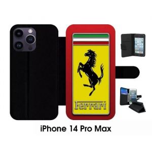 Etui &agrave; rabat pour apple iphone 14 pro max - ecusson ferrari - simili-cuir - bord noir
