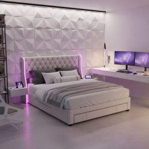 Lit rembourré 160 x 200 cm Lit adulte / lit junior 2 places Avec éclairage LED et 3 tiroirs de rangement - Velours beige