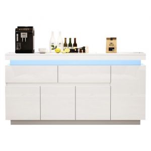 Buffet-Bahut Blanc Laqu&eacute; Brillant 140x35x72.5cm- 2 Tiroirs 4 Portes- &Eacute;clairage LED- Meuble de Rangement sur Pied pour Salon