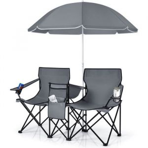 Chaise de Camping Pliante 2 Places COSTWAY avec Sac Isotherme Parasol Porte-gobelet Accoudoirs Charge 270 KG Gris